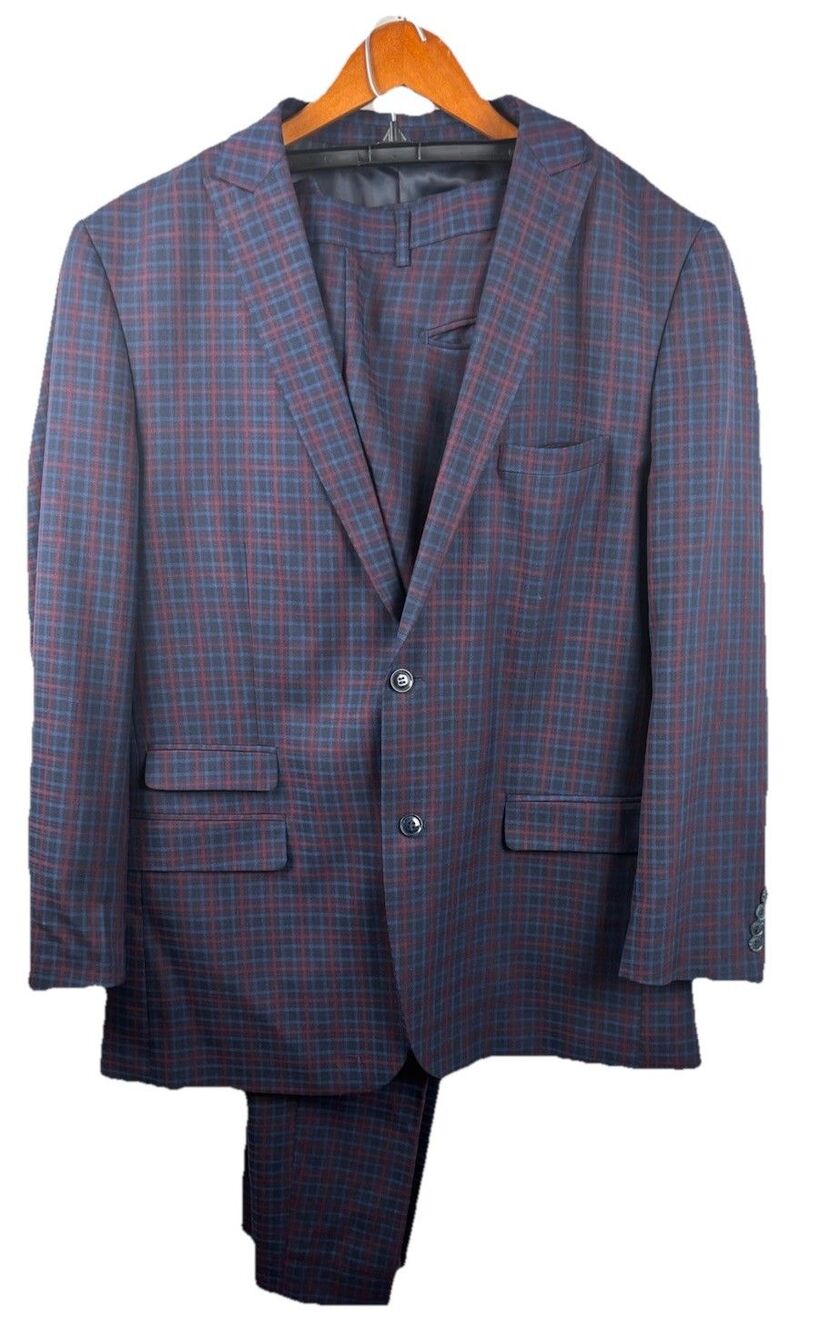 Alain Dupetit Mens two Piece Suit 48L 40x30 Blue Red Plaid formalwear